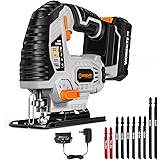 WORKSITE Cordless Jig Saw, 20V Lithium Ion Jigsaw with LED Light, 4 Orbital Settings and 3000 SPM Variable Speeds, 10Pcs T-sh