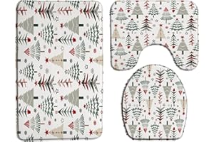 ZKJSMGS Christmas Tree 3 Piece Bath Rug Sets,Colorful Xmas Trees Red Stars Snow Snowflake Cartoon Winter Holiday Festival Teens 17.8"x29.5"Bath Rug,Toilet Seat Cover, U-Shaped Toilet