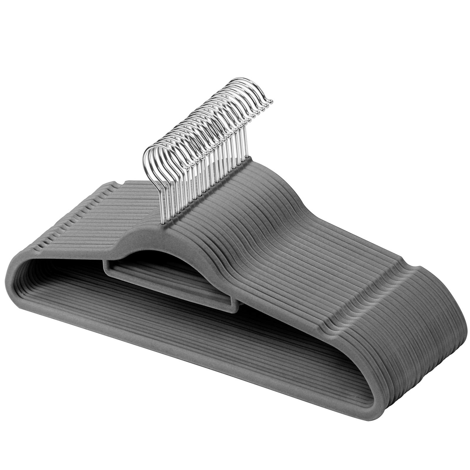 GRANDMA SHARK Coat Hanger, Velvet Flock with 2 Non-Slip Notches, Tie Organizer and 360° Hook, Space Saving Hanger for Suspenders, Coats, Jackets and Suits (Grey, 20)