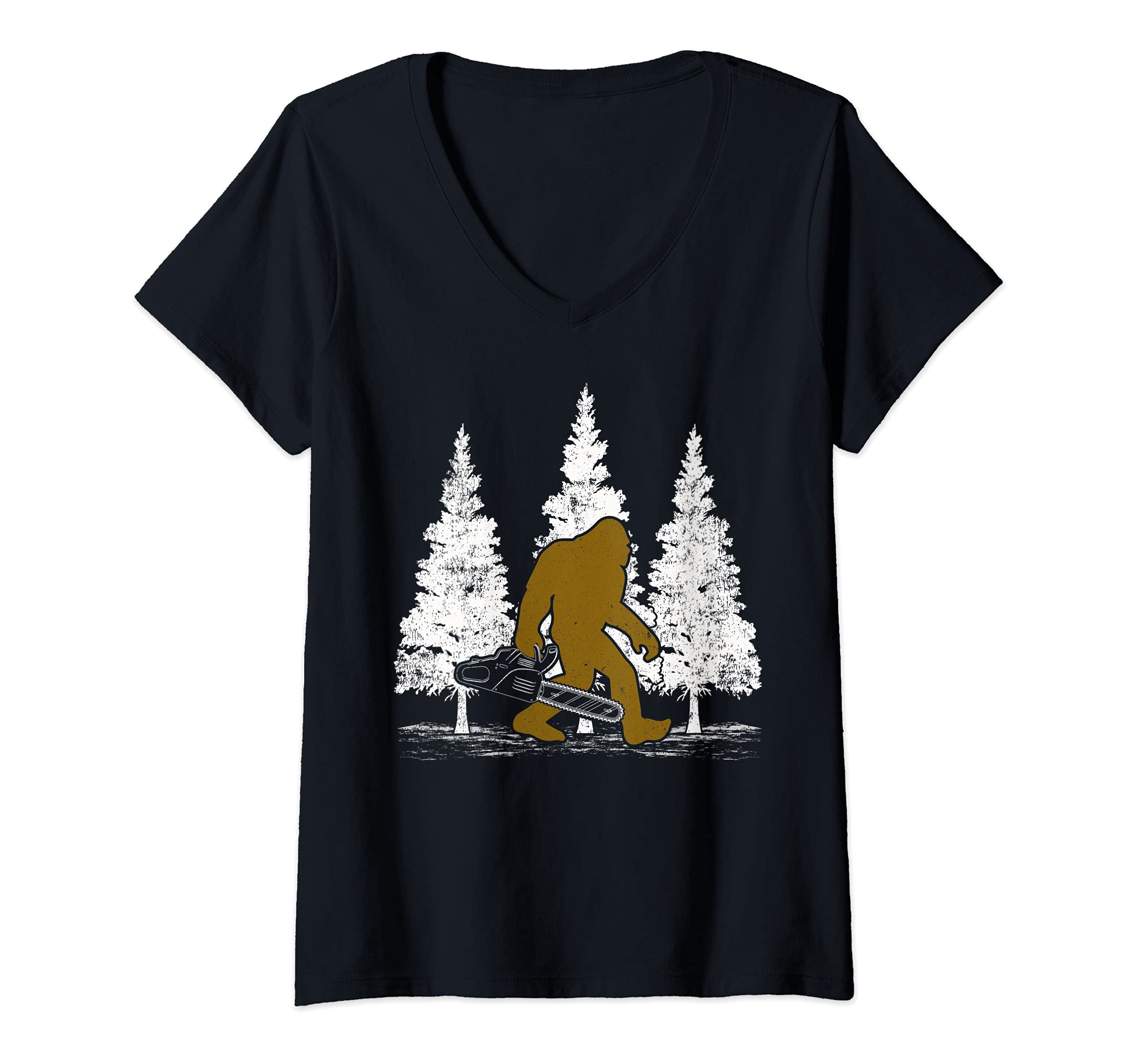 Womens Bigfoot Carrying Chainsaw Lumberjack Sasquatch V-Neck T-Shirt
