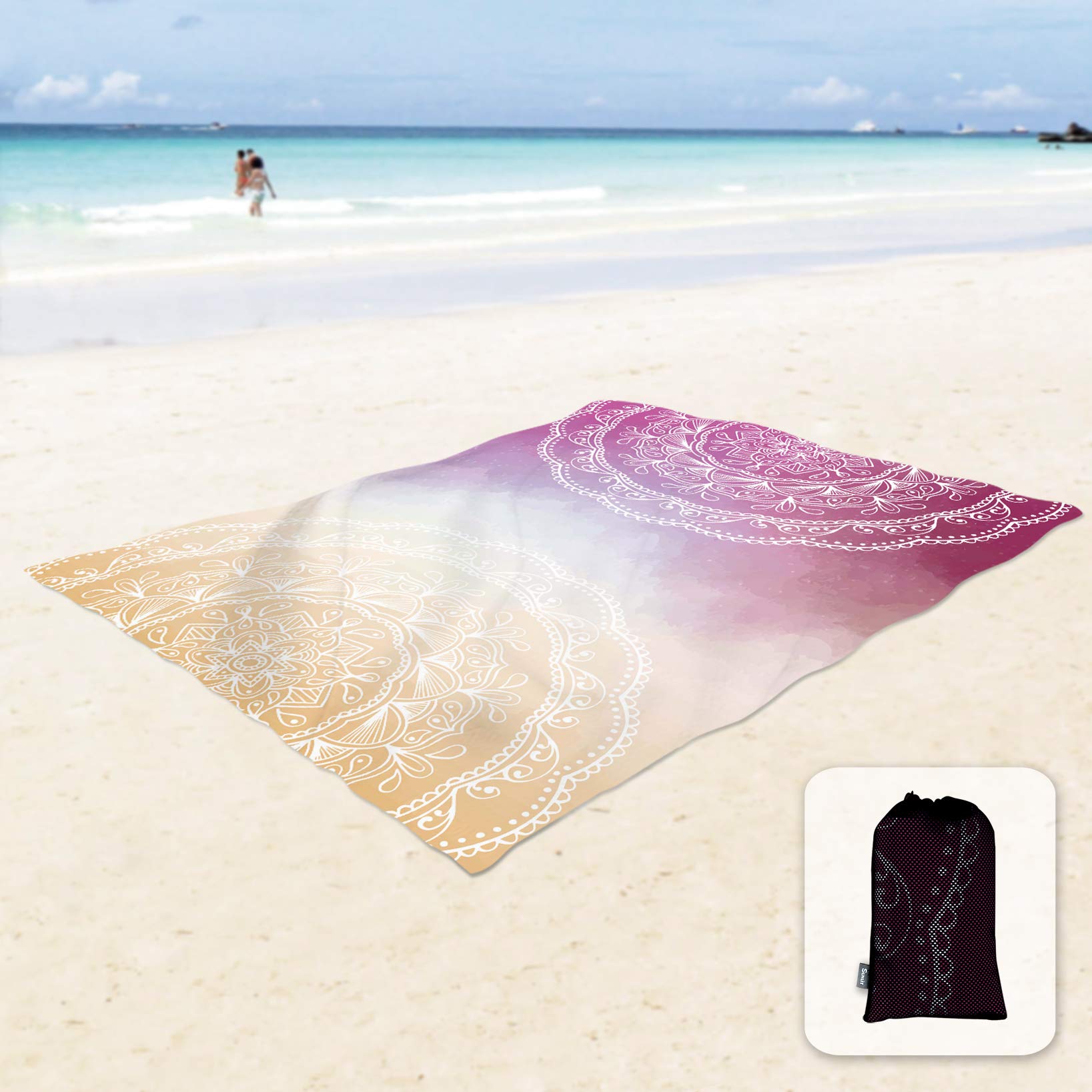 Sunlit Silky Soft 106"x81" Boho Sand Proof Beach Blanket Sand Proof Mat with Corner Pockets and Mesh Bag for Beach Party, Travel, Camping and Outdoor Music Festival, Orange Purple Mandala — image 1