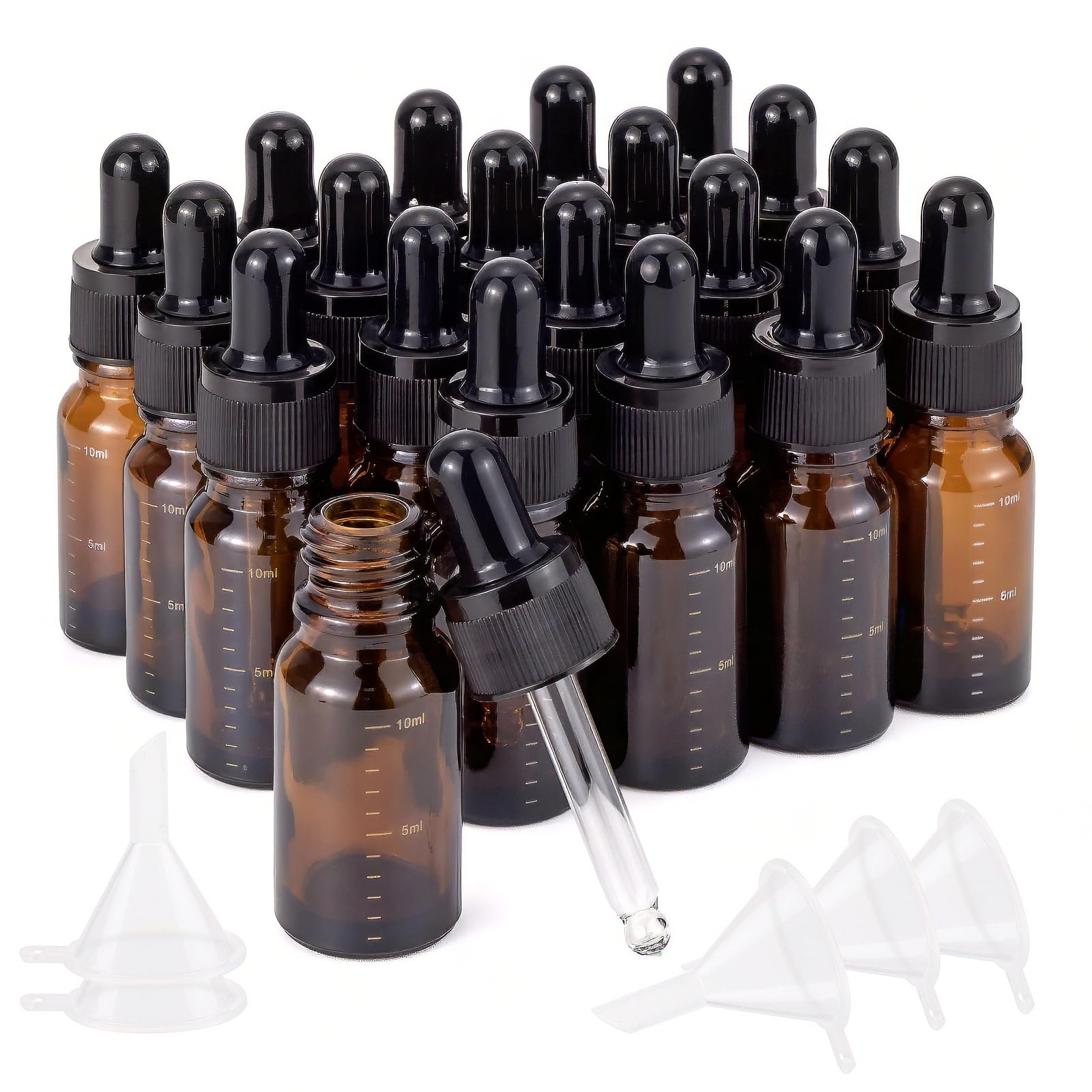 Unxuey 20 Pack 10ml 1/3 Oz Amber Glass Dropper Bottles with Funnel, Small Empty Refillable Leak-Proof Travel Bottles for Essential Oils, Perfume, Aromatherapy, Laboratory, Toiletries, Liquid Storage