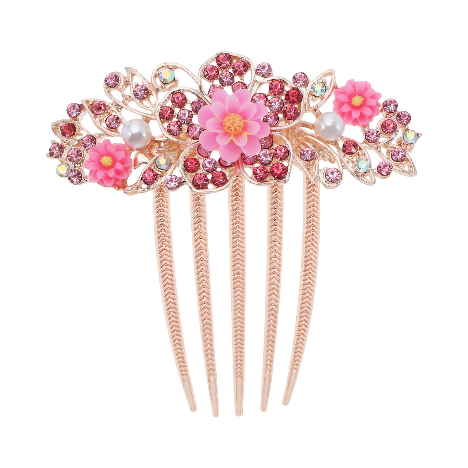 Create idea Flower Hair Comb Rhinestone Wedding Bride Headpiece Decorative Hair Accessories for Wedding Bridal French Twist Bun Full Updos Low Bun Hairstyles Pink