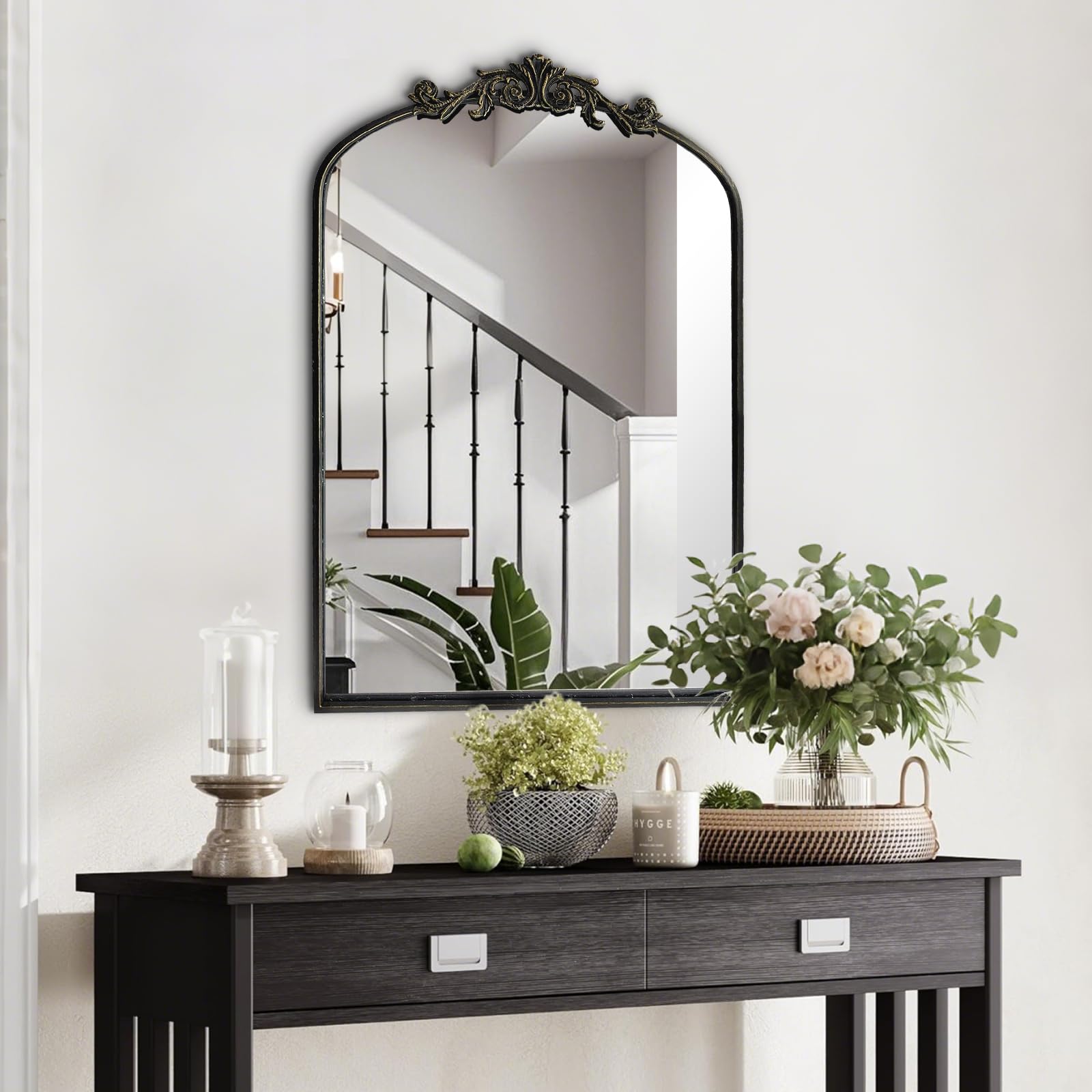 HQiJun Wall Mirror Window Decorative Traditional Mirrors Antique Arched Farmhouse for Living Room Bedroom Entryway Bathroom Vanity (36 * 24 * 1.2, Black)