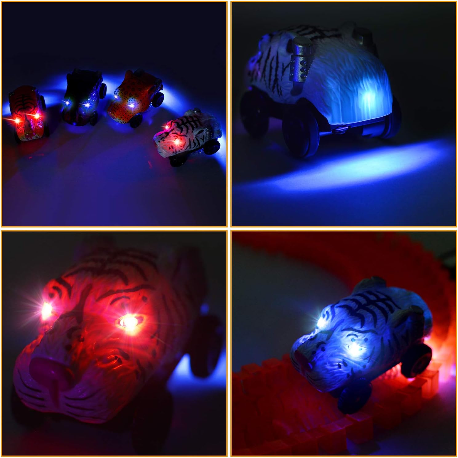Unicorn Tracks Cars Replacement, Glow in The Dark Toy Cars for Kids 4pack with 3 Flashing LED Lights, Orange, 5*2.4*8.3 inches - Image 3
