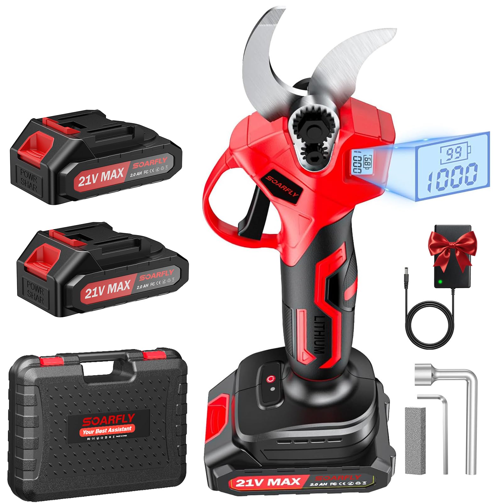 SOARFLY Akku Astschere, Akku Gartenschere mit 2x2000mAh Batterien, 35mm Maximaler Schnittdurchmesser, Brushless Motor mit LCD Display und Energiesparfunktion für Garten und Obstbäume (Rot)