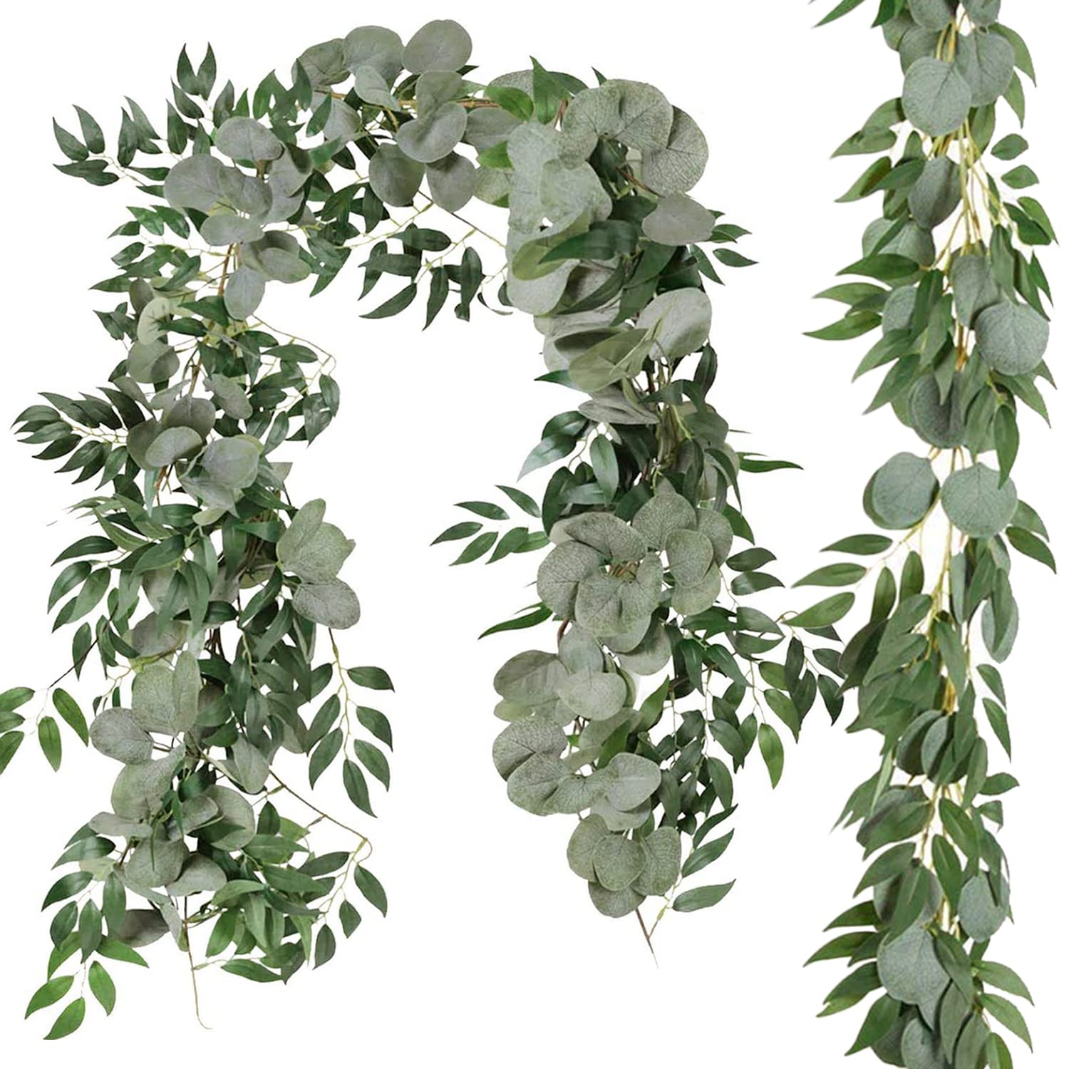 Cekene 2 Pcs 13 Ft Artificial Eucalyptus Garland with Willow Leaves Fake Hanging Greenery Vines Table Runner Garland for Wedding Backdrop Arch Wall Decor (2pcs, eucalyptus blend willow)
