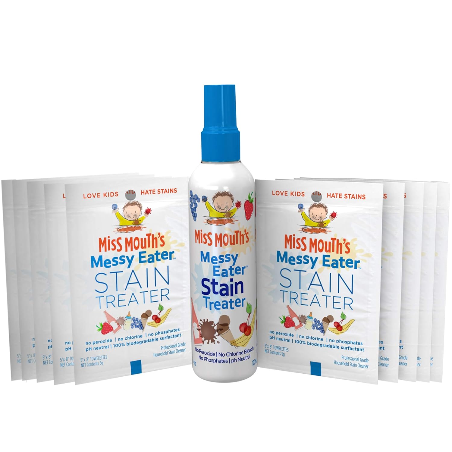 Miss Mouth's Messy Eater Stain Treater Kit (1 x 4oz Bottle & 10 Individual Wipes) | Super Concentrated Baby Stain Remover Spray | Stain Remover for Clothes | Non Toxic