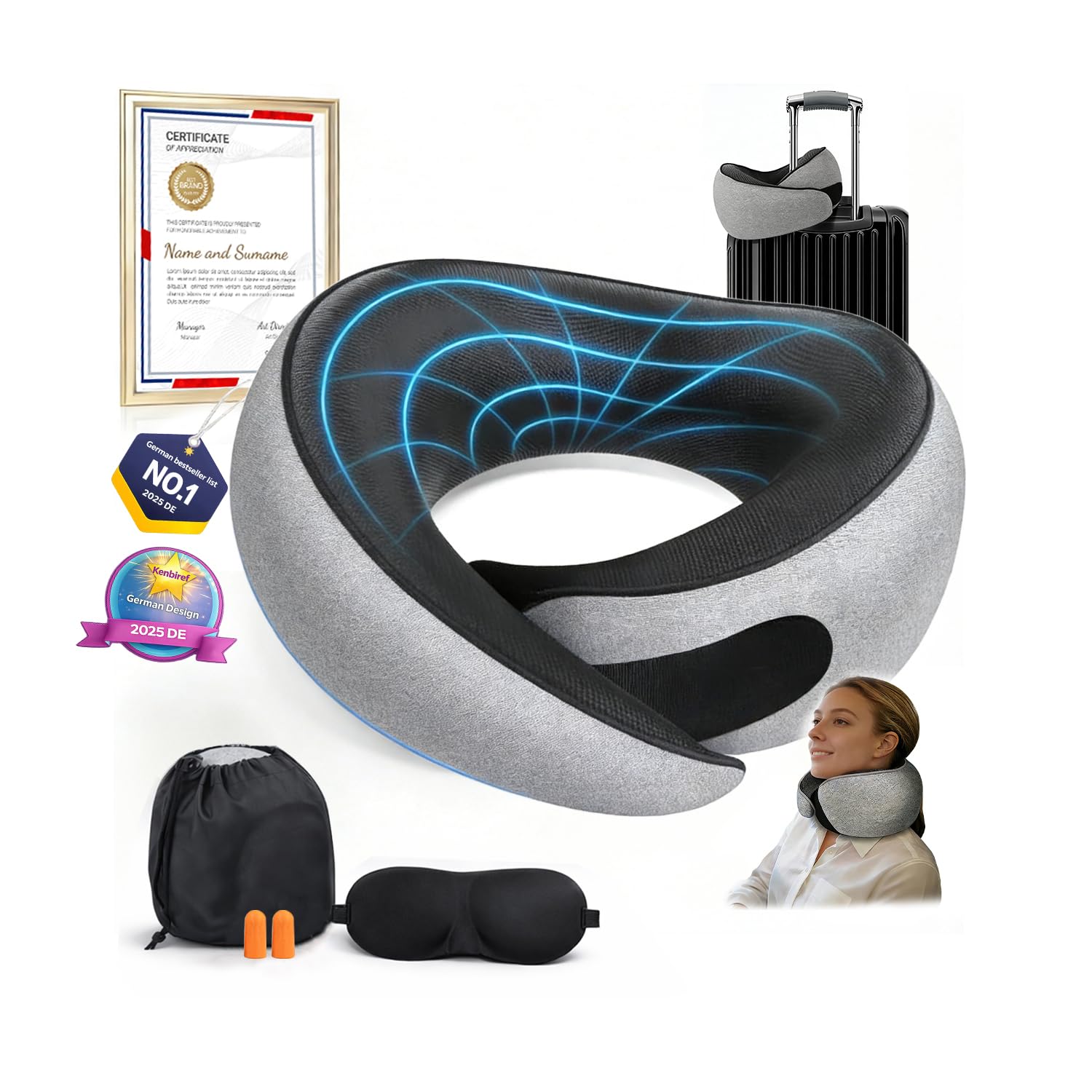 Photo 1 of Kenbiref Memory Foam Travel Neck Pillow – Ergonomic Airplane Pillow with 360° Head Support | Includes Eye Mask & Ear Plugs | Ultra Portable Neck Pillow Airplane for Flights & Cars(Gray)