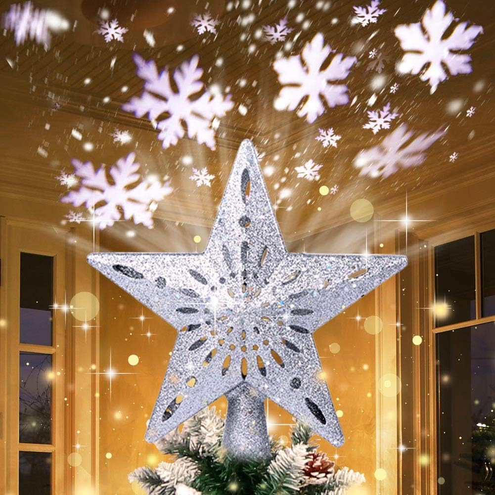 Tree Toppers - OurWarm Christmas Tree Topper Lighted Star Tree Toppers with LED Rotating Snowflake Projector Lights, 3D Hollow Silver Star Snow Tree Topper for Christmas Tree Decorations