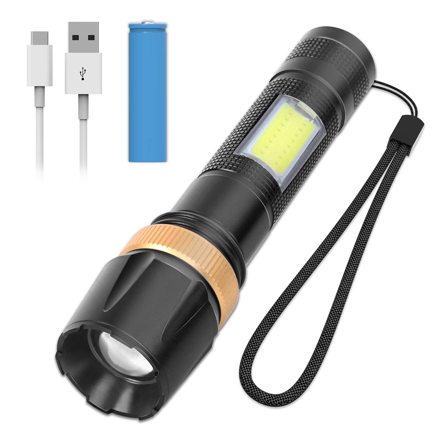 USB Rechargeable Torch Super Bright, Tactical LED Flashlight Powerful With COB Lights, Adjustable Focus Handheld LED Torch for Outdoor Sports And Emergency Use, Li-Battry Include