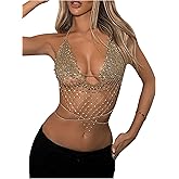 SweatyRocks Women's Glitter Rhinestone Criss Cross Halter Tops Backless Sleeveless Asymmetrical Party Crop Tops