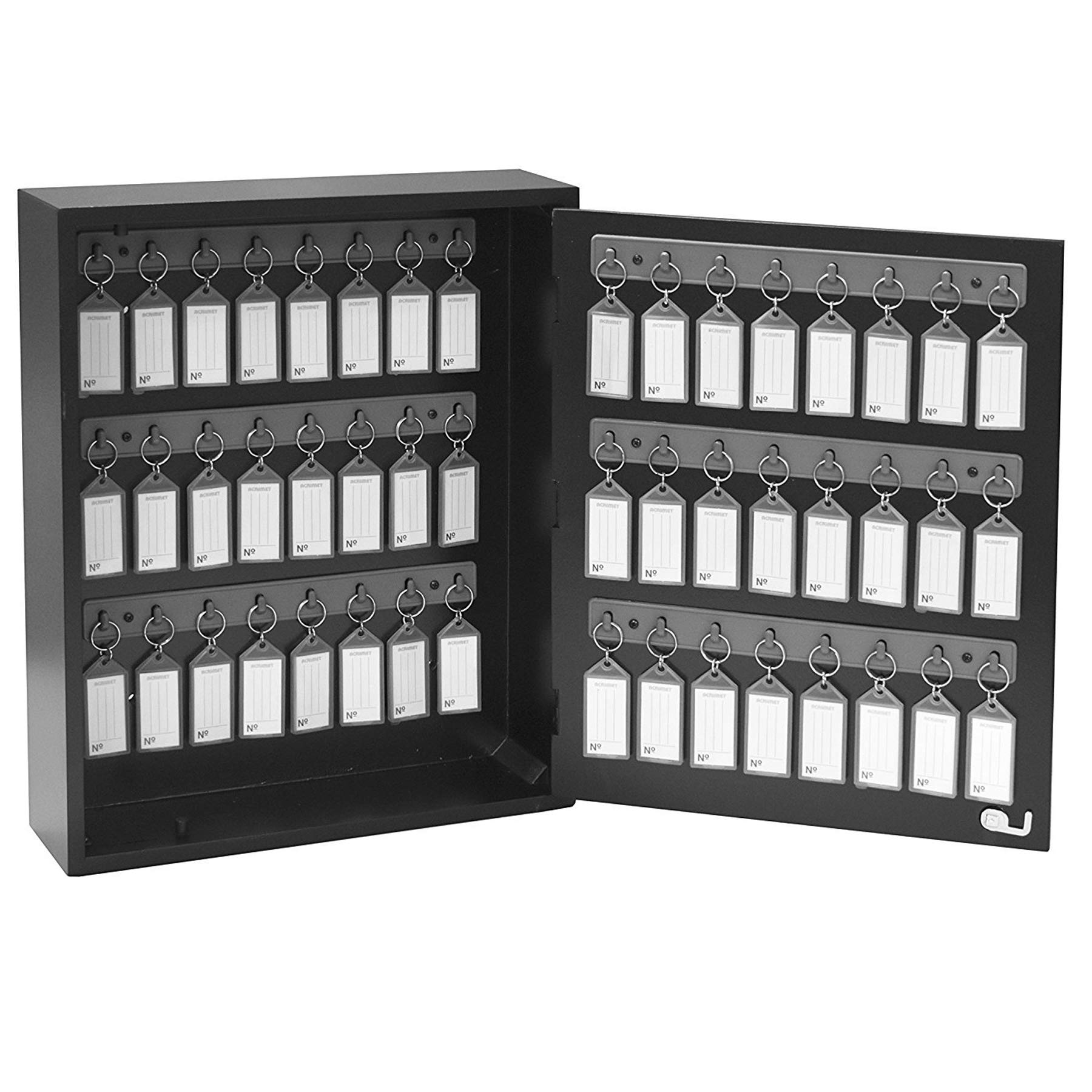 Acrimet 48-Key Cabinet with Lock, Wall Mount Wooden Key Organizer, Security Key Storage Box (48 Positions) with Numbered Hooks & Smoke Key Tags – Commercial & Home Use (Black)