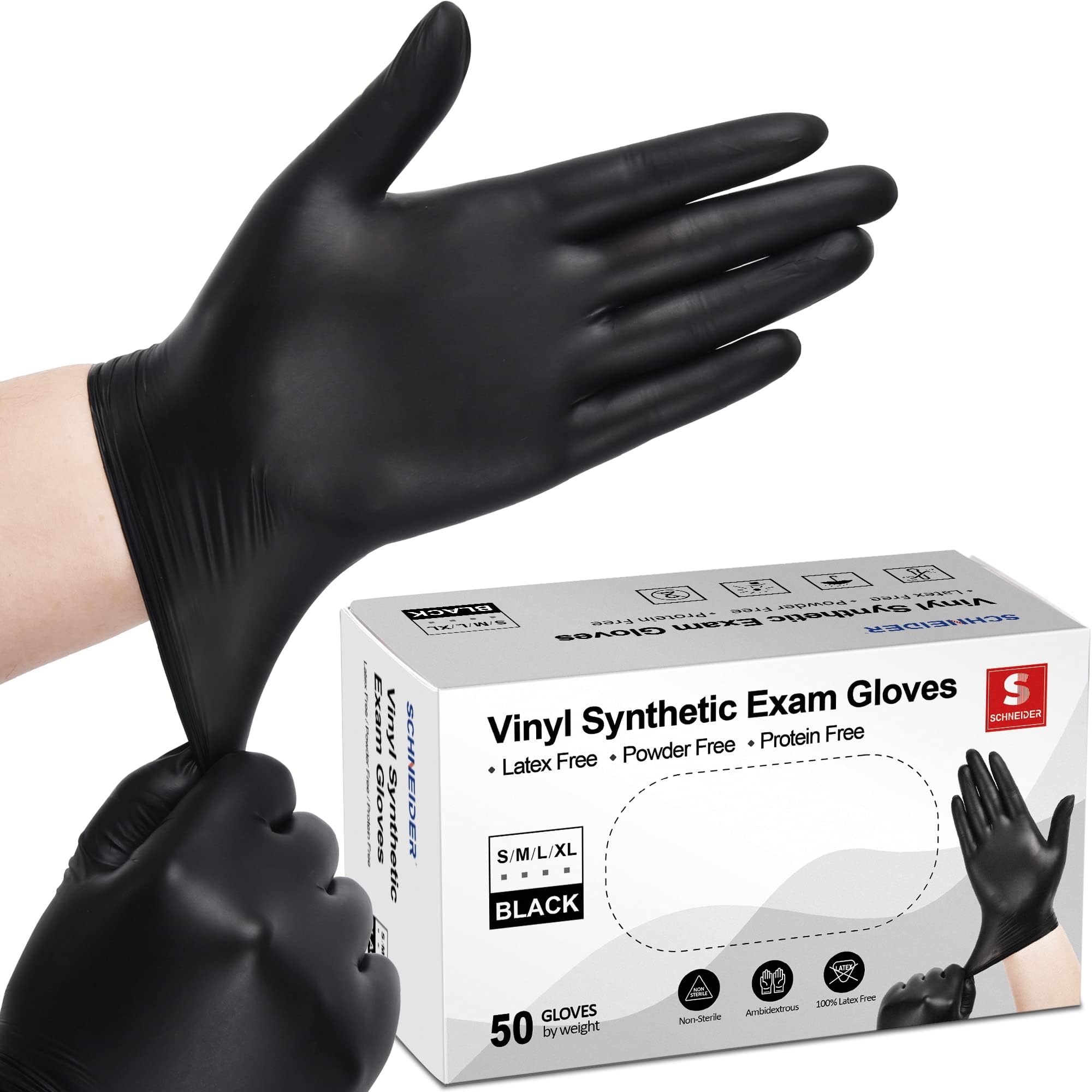 Photo 1 of Schneider Black Vinyl Exam Gloves, 4mil, Disposable Gloves Latex-Free, Plastic Gloves for Medical, Cooking, Cleaning, and Food Prep, Sizes Medium
