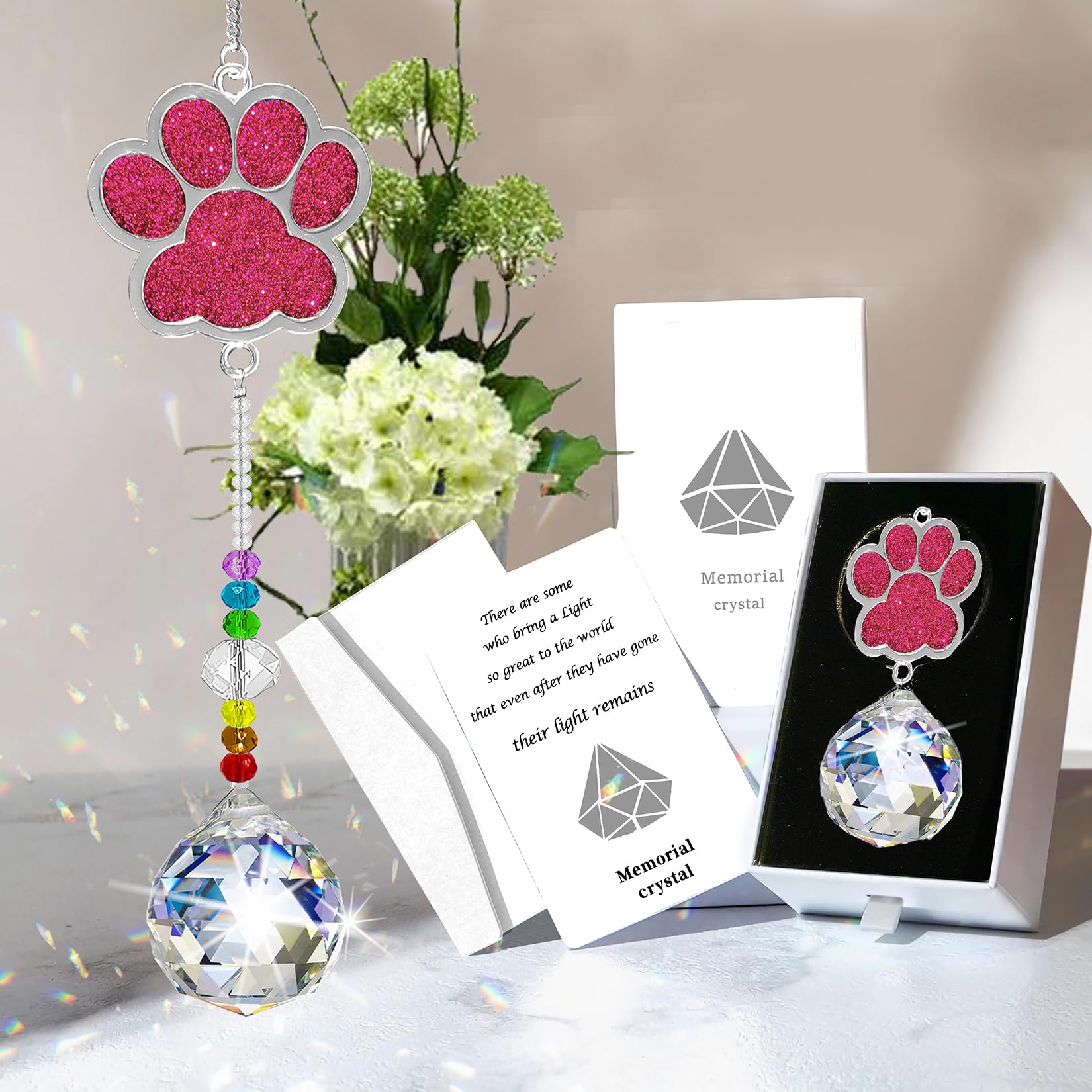 Dog Memorial Gifts for Loss of Dog, Pet Paw Print Sympathy Gifts Crystal Window Suncatcher,Dog Remembrance Gift Sun Catcher, Pet Passing Away Loss Rainbow Maker Gifts (Double sided pink)