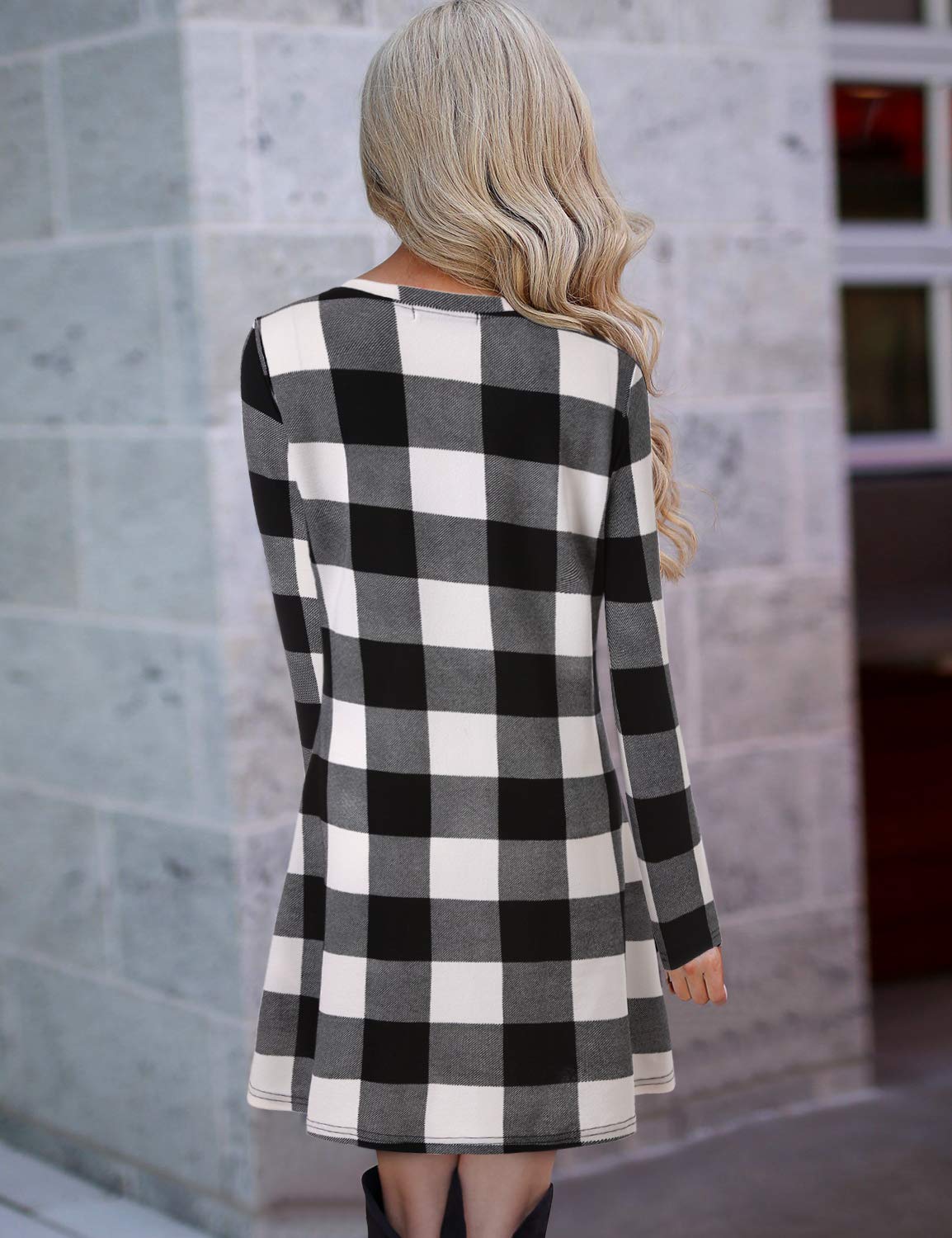 Blooming Jelly Women\'s Plaid Swing Dress Long Sleeve Round Neck Tunic Mini Dress(L,Plaid)