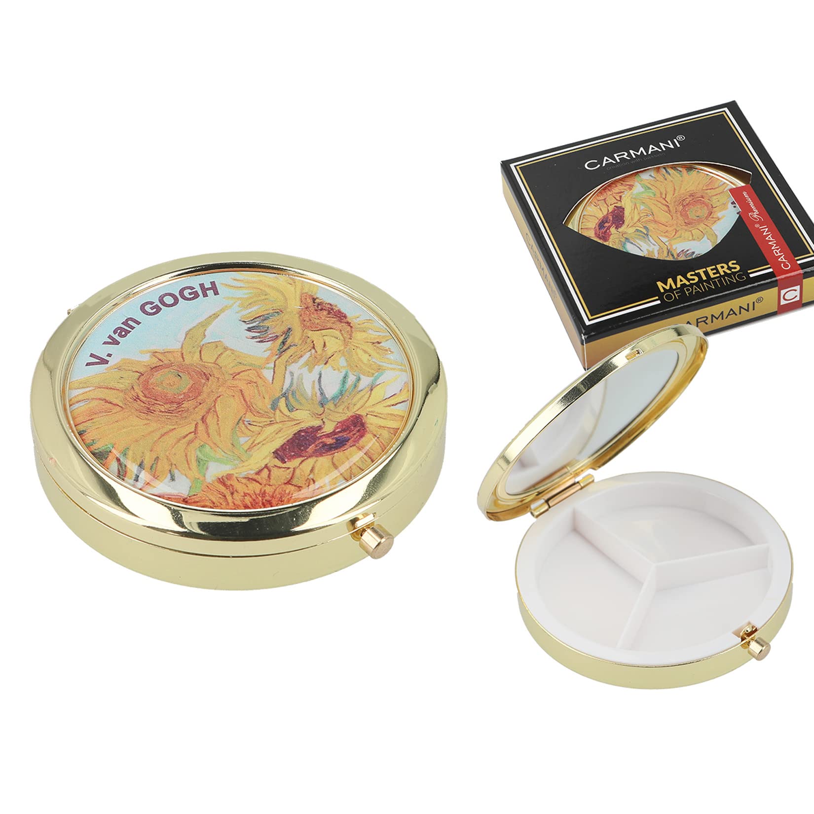 CARMANI - 3 Compartment of Pill Boxes Medicine Box Tablet Box Vitamin Holder Travel Pill Box Pill Organiser Round Metal Printed with Vincent Van Gogh, Sunflowers