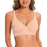 WOWENY Wireless Push Up Bras for Women Comfortable Ribbed Seamless Bralettes V-Neck Adjustable Padded Everyday Bra