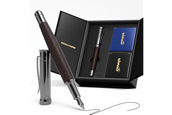 WEMATE Wood Fountain Pen with Ergonomic Grip, Fine Nib, 20 Ink Cartridges(10 Black&10 Blue), 1 Ink Converter, Smooth Writing&