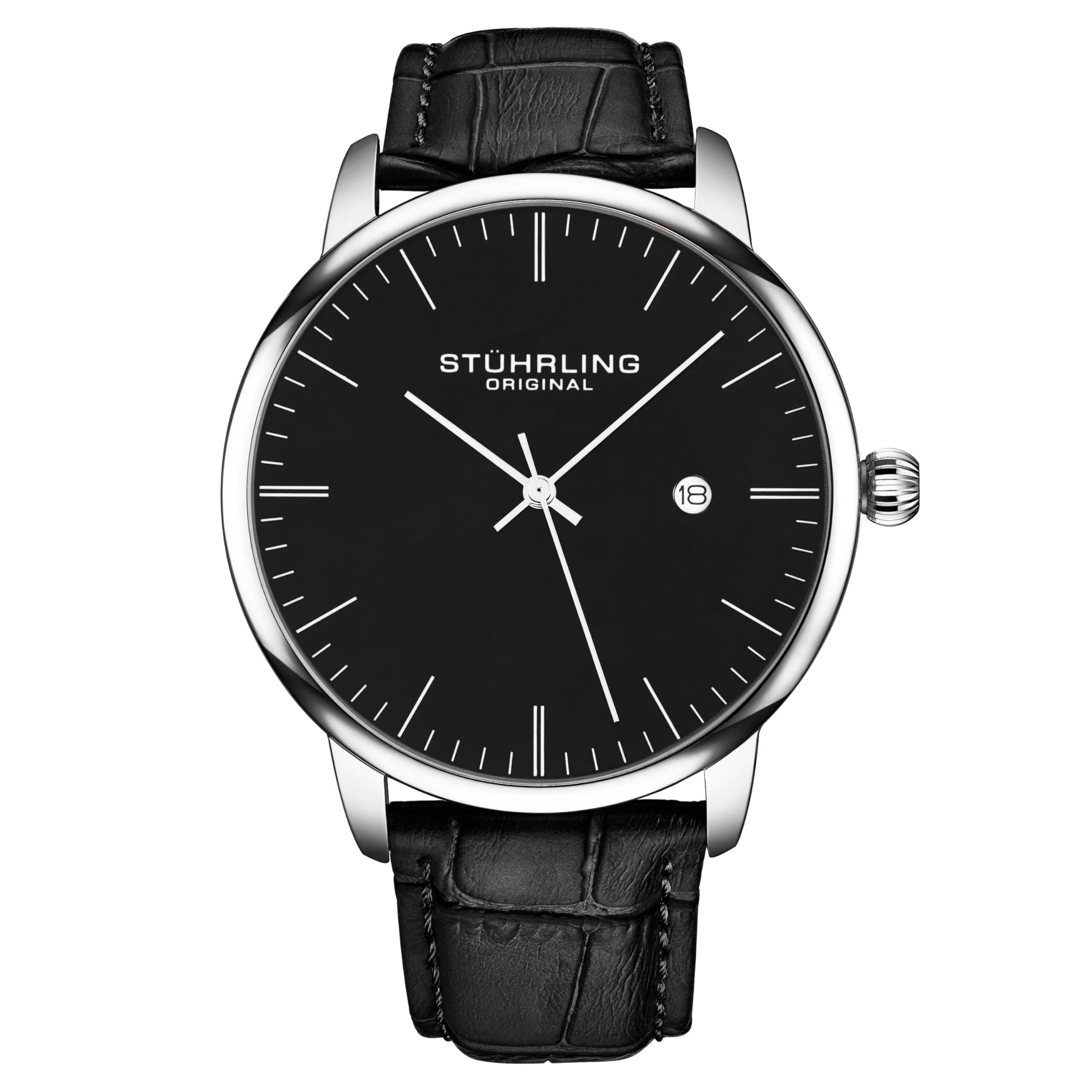 Stuhrling Original Mens Classic Dress Wrist Watch - Black Leather Strap Minimalist Analog Watch with Date