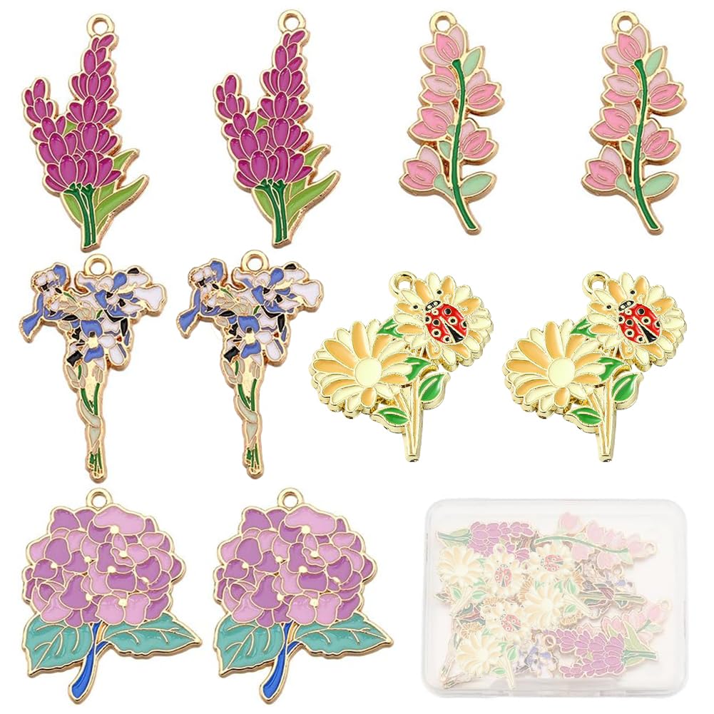 SUNNYCLUE 1 Box 20Pcs 5 Styles Enamel Flower Charms Bulk Spring Charm Colorful Sunflower Daisy Lily Violet Iris Alloy Floral Charm for jewellery Making Charms Supplies DIY Necklace Bracelet Earring