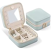 NGVRC Genuine Leather Travel Jewelry Organizer Case with Mirror for Women, Small Mini Portable Jewelry Box for Ring Earrings Necklace Bracelet Luxury Gift for Women(Cyan)