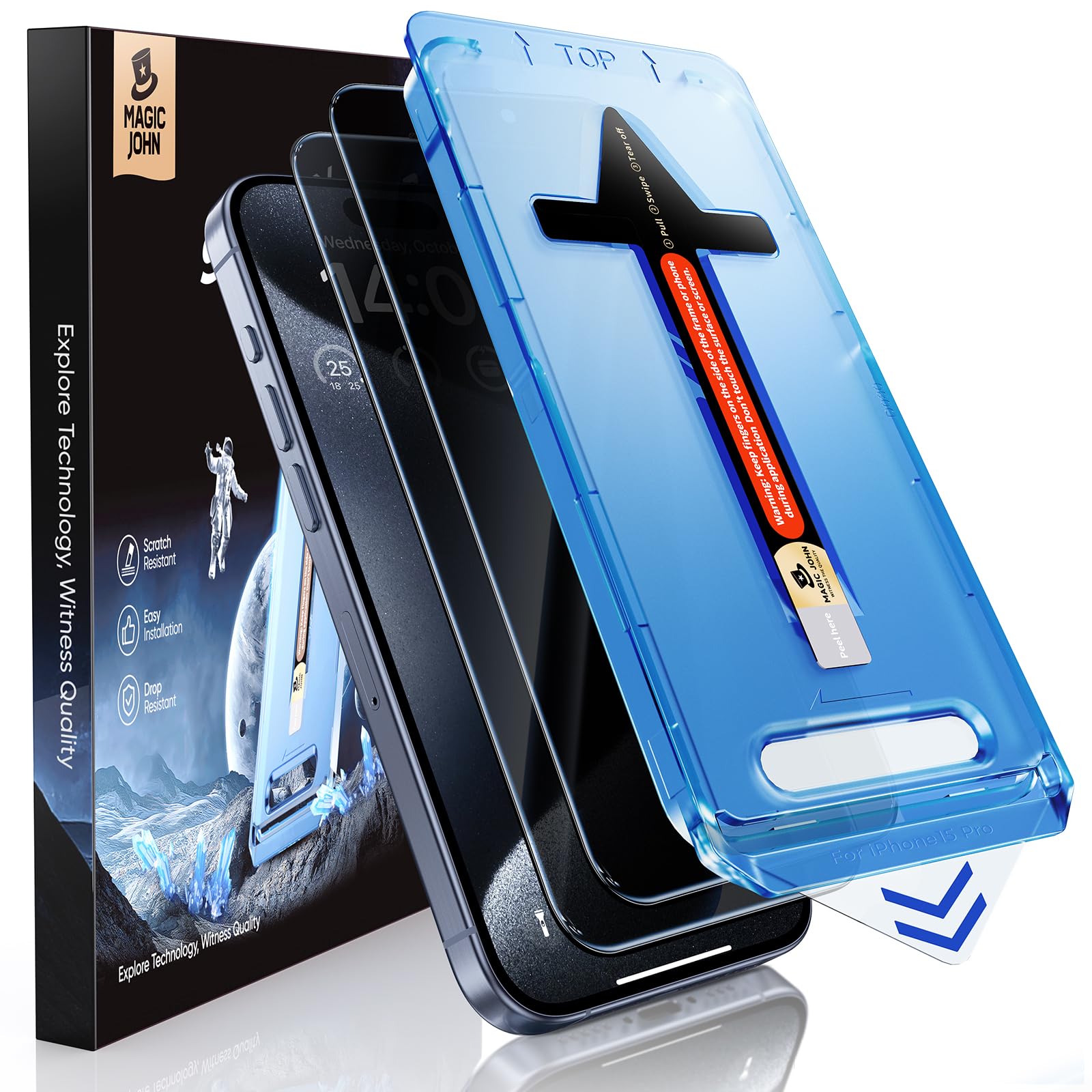 MAGIC JOHN 2 Pack for iPhone 15 Pro (6.1 inch) Privacy Glass Screen Protector, Anti-spy Tempered Glass Film, Auto Dust-Elimination Installation, Bubble Free, Case Friendly