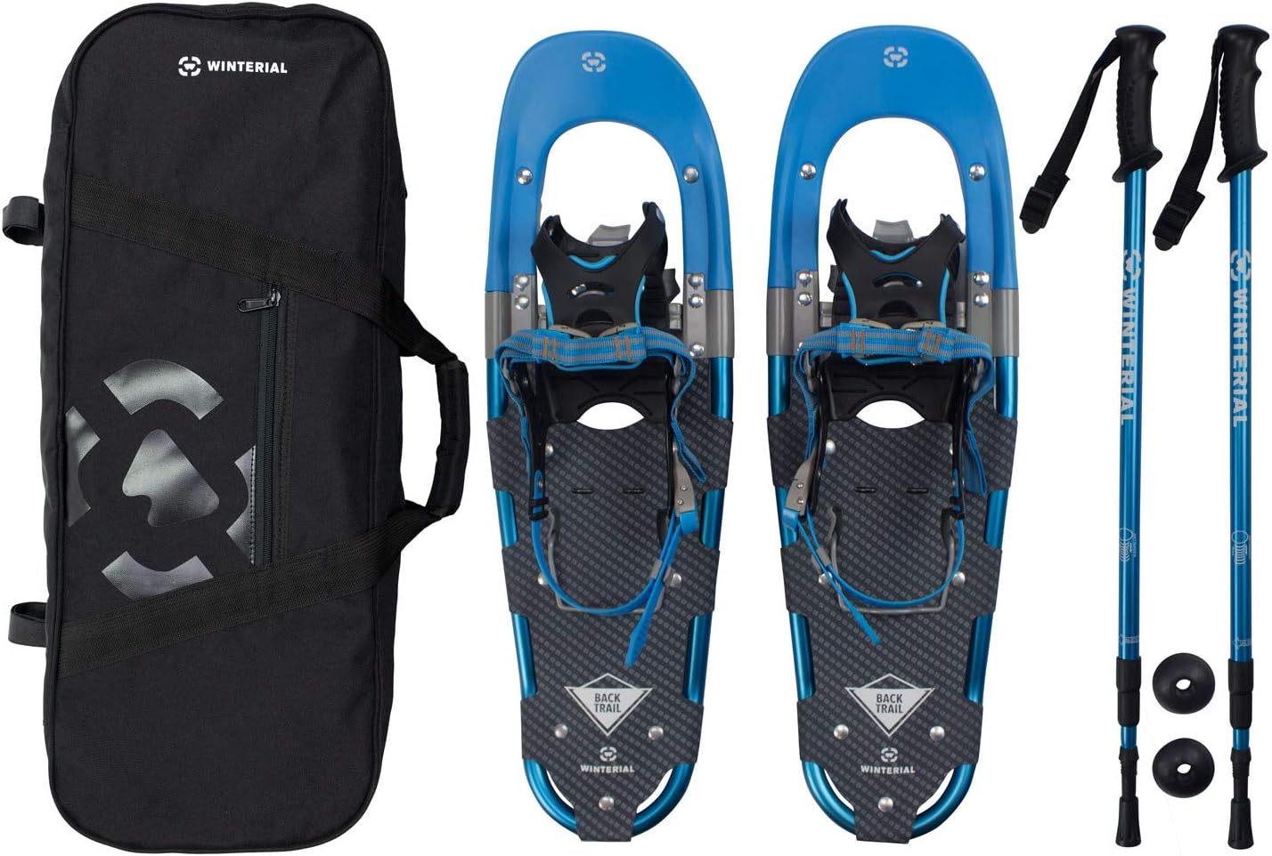 Winterial Back Trail Snowshoes 25 Inch Lightweight Aluminum Rolling Terrain Blue Snow Shoes with Carry Bag and Adjustable Poles