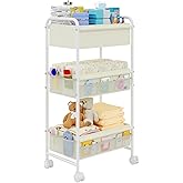 3-Tier Baby Diaper Caddy Cart Organizer,Mobile Nursery Storage Carts with Wheels,With 2 Dividers&14 Mesh Pockets Durable Metal Utility Cart for Nursery, Bedroom, Bathroom, Baby Essentials Organization