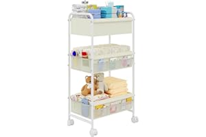 CIDAZIYA 3-Tier Baby Diaper Caddy Cart Organizer,Mobile Nursery Storage Cart with Wheels,With 2 Dividers&14 Mesh Pockets Durable Metal Utility Cart for Nursery, Bedroom, Bathroom, Baby Essentials Organization