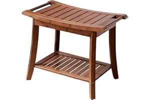 Forevich Bamboo Shower Bench Stool with Storage Shelf Waterproof Shower Chair Spa Bath Seat Excellent for Indoor Use Chestnut Brown