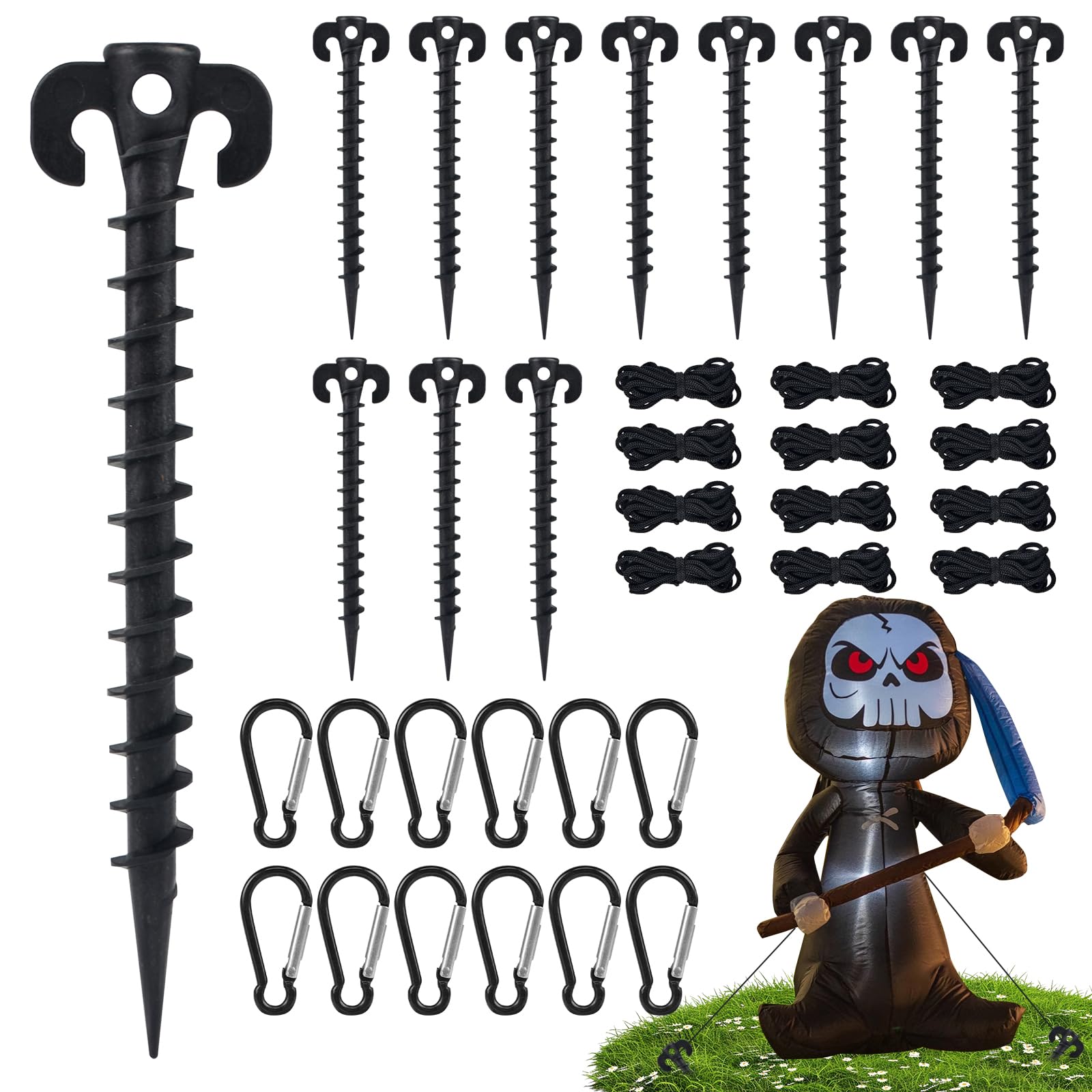 Photo 1 of 12 Sets Inflatable Stakes Replacement Set, 12 PCS 7.7" Inflatable Plastic Stakes with Tethers Ropes and Alloy Hooks, Heavy Duty Tent Stakes for Garden Yard Ground Halloween Christmas Outdoor Decor