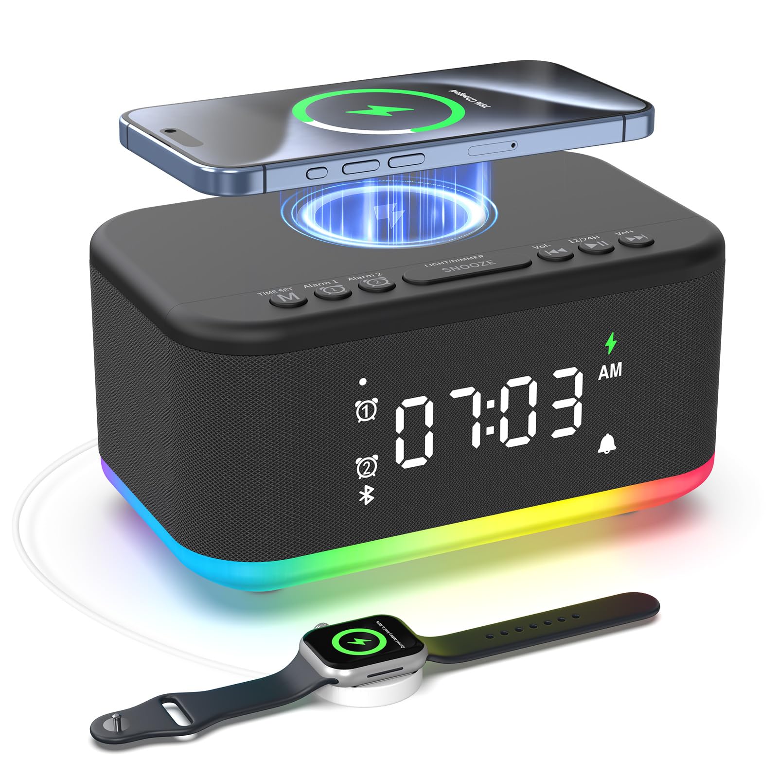 Photo 1 of Broserengy Alarm Clock Speaker Wireless Charger, Digital Alarm Clocks Bedrooms Bluetooth, Alarm Clock Dimmable Light Bedrooms Bluetooth Speaker Dual Alarm Snooze 12/24H Dimmer Support USB AUX, Black