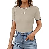 ZESICA Women's Summer Short Sleeve Ribbed Knit Slim Fit T Shirt 2026 Crewneck Basic Casual Color Block Tee Tops