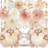 Champagne-Gold Beige Fall Boho Birthday Party Decorations 62pcs Happy Birthday Banner, Peach White Paper Lanterns, Streamers, Tissue Pom Poms, Blush Beige Boho Party Balloons, Rustic Backdrop Decor