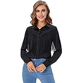 SweatyRocks Women's Long Sleeve Button Front Chiffon Blouse Fringe Trim Shirt Top