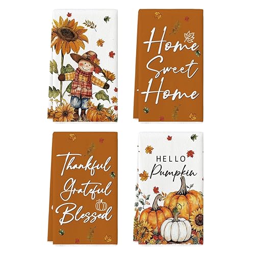 Artoid Mode Scarecrow Pumpkin Fall Kitchen Towels Dish Towels, 18x26 Inch Farmhouse Sunflower Thanksgiving Decoration Hand Towels Set of 4