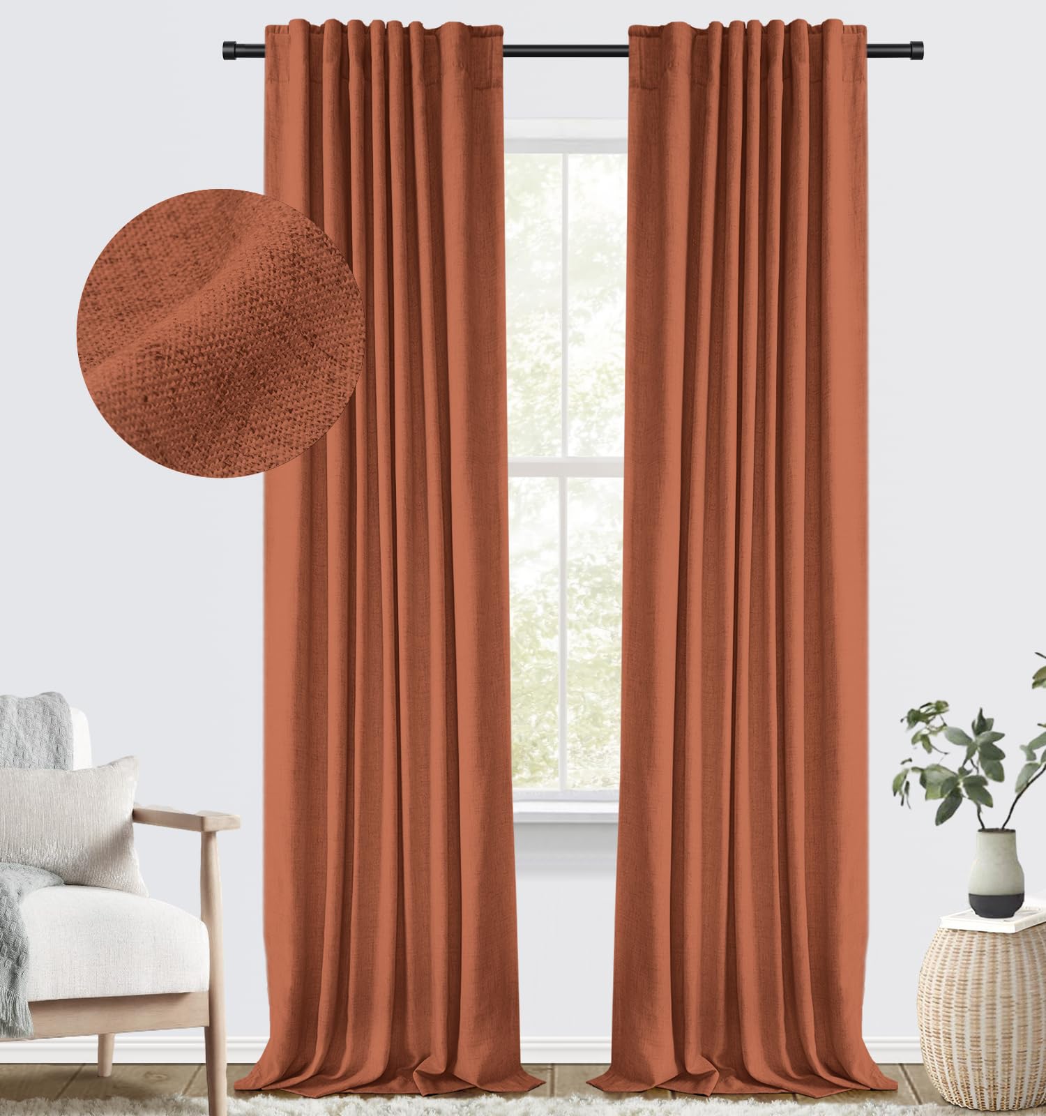 Photo 1 of 100% Blackout Shield Blackout Curtains for Bedroom Faux Linen Black Out Curtains 96 inch Length 2 Panels Set, Back Tab/Rod Pocket Thermal Insulated Drapes with Black Liner, 50''W x 96''L, Orange
