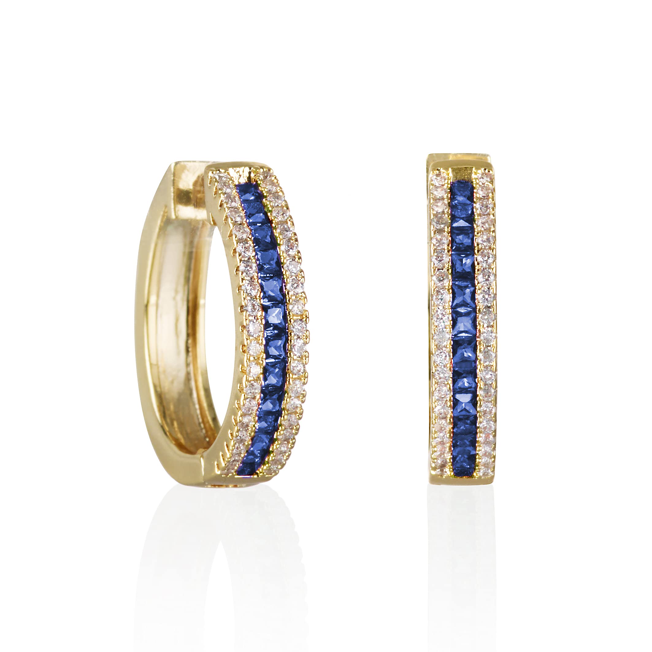 Namana Gold Hoop Earrings With Sapphire Blue and White CZ Stones, Plated Jewelry for Women With Gift Box