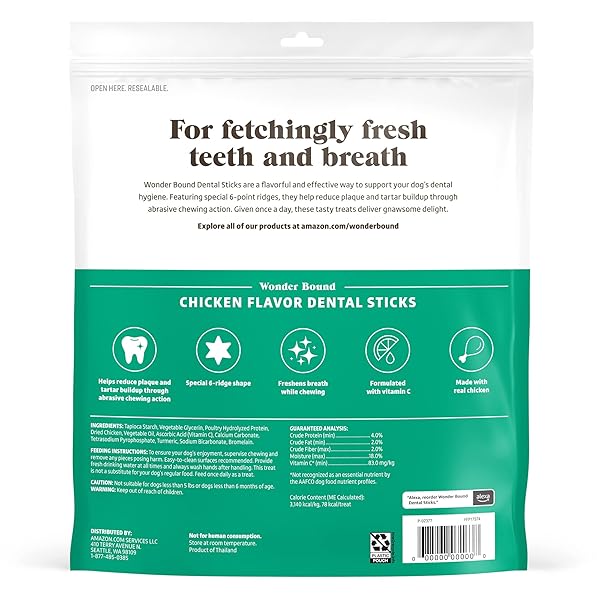 AMAZON BRAND – WONDER BOUND CHICKEN FLAVOR DENTAL STICKS FOR LARGE DOGS (OVER 30 LBS), 6-RIDGE SHAPE FOR PLAQUE & TARTAR CONTROL, FRESHENS BREATH, MADE WITH REAL CHICKEN, 40 COUNT (PACK OF 1)