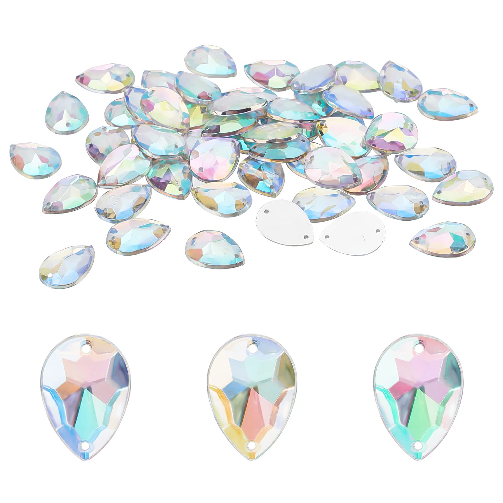 FINGERINSPIRE 250Pcs Teardrop Shape Acrylic Sew Rhinestone 18x13x3mm AB Color Crystals Bling Beads with Sew Hole Large Flat Back Crystals Jewels for Costume Making Cosplay