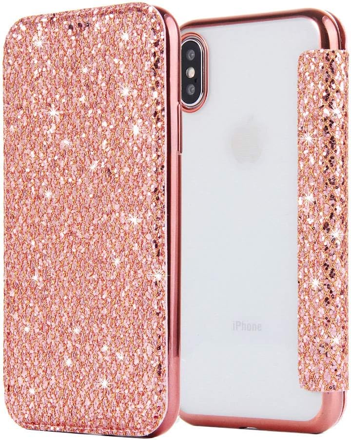 Heroisnice Ipne Xs Max Case Bling Compatible with Apple iPhone Xmax Cover X S Flip Plating TPU 10Xs Mas Bumper Glitter 10S Mac Xsmax I Phone Kickstand Ip Iph Sx Sxmax Coque 6.5 Inch (Rose Gold)