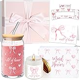 Meanplan 6 Pcs Maid of Honor Proposal Gift Coquette Pink Bow Will You Be My Maid of Honor Gift 17oz Pink Bow Glass Cup Makeup Bag Candle Hair Clip Card Box for Wedding Bachelorette Party Bridal Shower