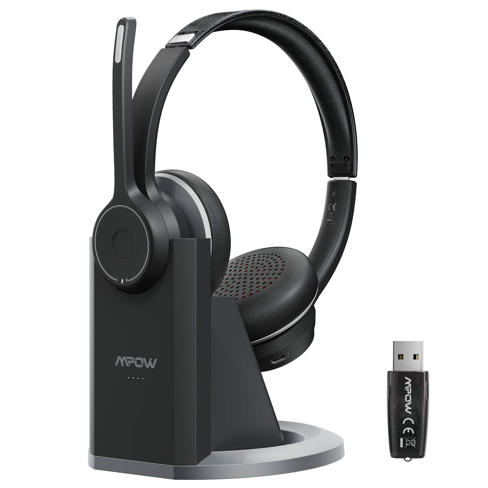 Mpow HC5 Pro Bluetooth 5.0 Headset with Charge Base, USB Adapter, Wireless Computer Headphone with Dual CVC 8.0 Noise-Cancelling Microphone for Cellphone, Office, Call Center, Skype