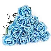 DECEED 10 PCS Artificial Roses with Long Stems Silk Flowers Realistic Foam Flowers Fake Roses for Valentine's Day Home Wedding Decor(Light Blue)