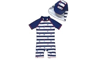 BONVERANO Baby Boy Swimsuit S/S One Piece UPF50+ Sunsuit Sun Protection with Zipper Garage (Sailing Ship, 3-6 Months)