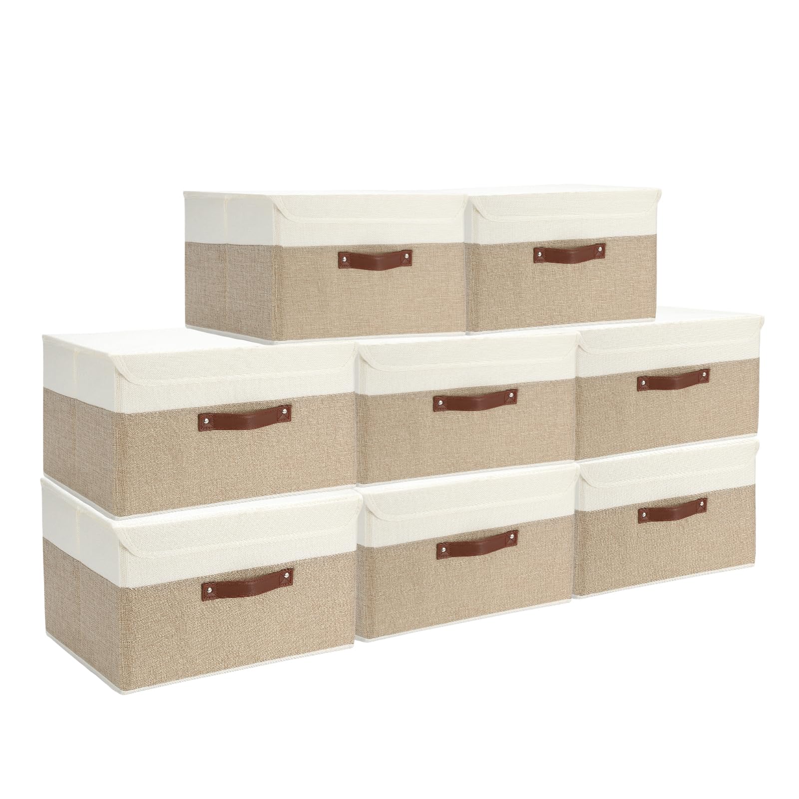 Photo 1 of 8 Pack Decorative Storage Bins Containers Fabric Bins with Lids Storage Baskets Bulk for Shelves Drawers, Desktop, Closet, Playroom, Classroom, Office, Bedroom, (15INx10INx10IN, Beige/White)