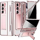 NINKI for Samsung Galaxy Z Fold 7 Case with S Pen Holder & Stylus and Privacy Screen Protector, Hidden Stand Flat Hinge Fold7 Phone Cover for Z Fold 7 Case with S Pen Slot Kickstand - Clear Rose Pink