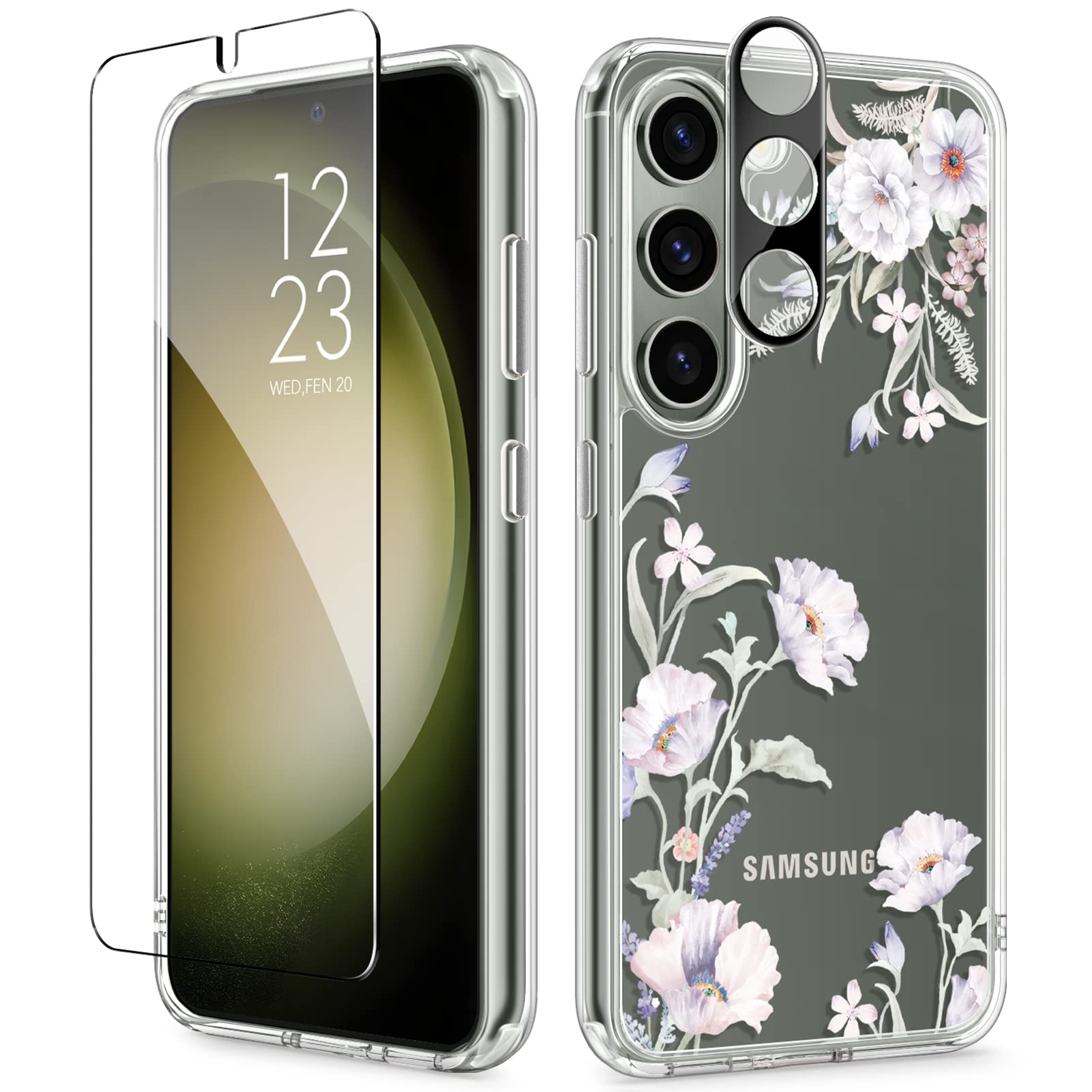 GVIEWIN for iPhone 17 Pro Case with Screen Protector, Upgraded [Full Camera Protection] [Non Yellowing] Floral Slim Shockproof Clear Women Phone Cover for iPhone 17 Pro 6.3" (Flower/Purple)