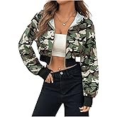 SweatyRocks Women's Camo Hoodie Zip Up Long Sleeve Crop Hooded Sweatshirts with Pocket
